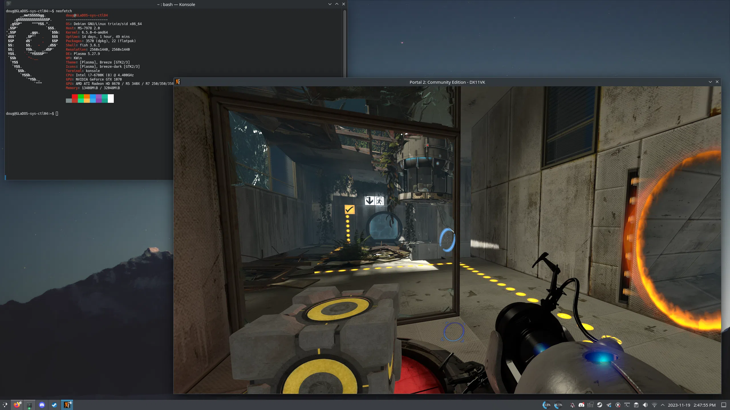 A screenshot of the desktop of a Linux system, showing P2:CE running, as well as some other utilities from Linux